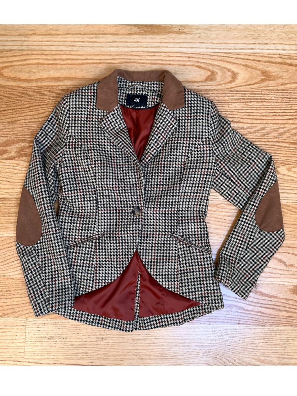 H&M Womens Wool Blend Houndstooth Blazer Equestrian Elbow Patch Jacket M/8 Brown - Picture 8 of 12